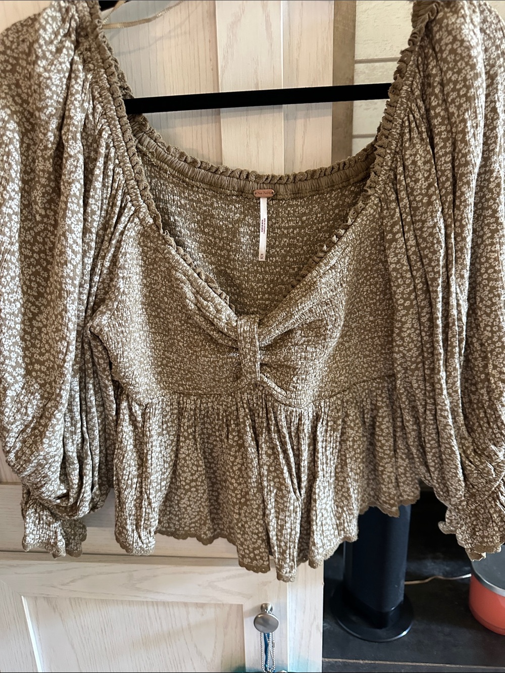 Free People Olive Green Floral Smocked Peasant Top